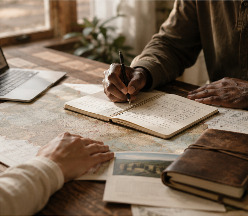 Hands resting on an open map with a leather journal and pencil nearby