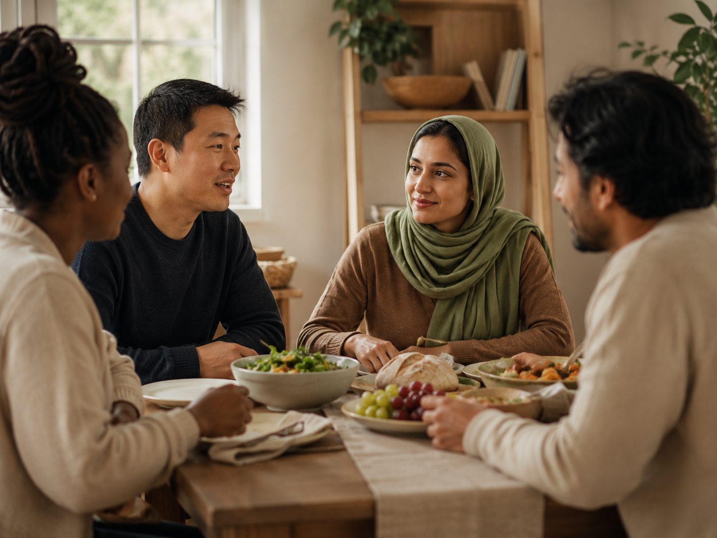 Four people from different cultures sharing a warm meal together around a wooden table