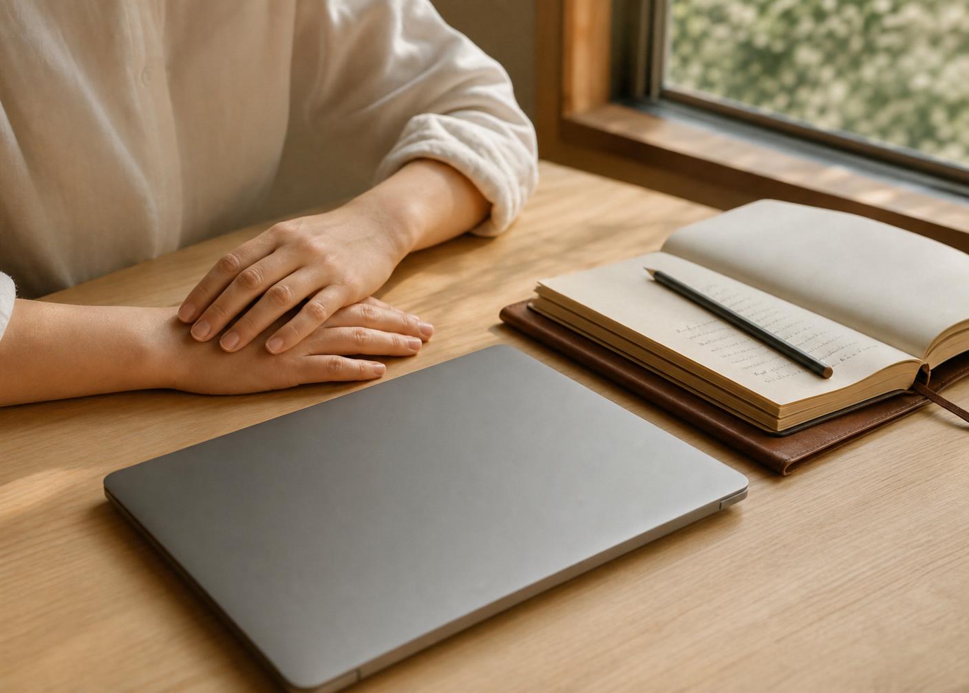 Hands resting near a laptop on a calm wooden desk with an open journal and pencil nearby